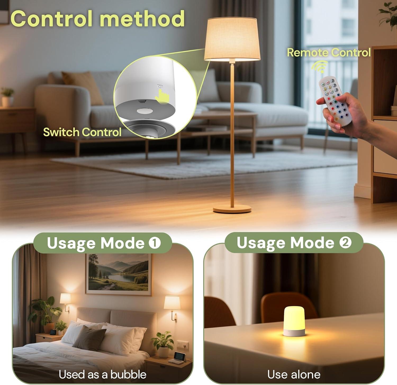 imageL LOHAS LED Rechargeable Light Bulb with Remote ampamp Timer Battery Backup Magnetic Bulbs for Sconces and NonHardwired Fixtures 3 Color Temperatures  12 RGB Colors Dimmable E26 Bulbs 2 Pack