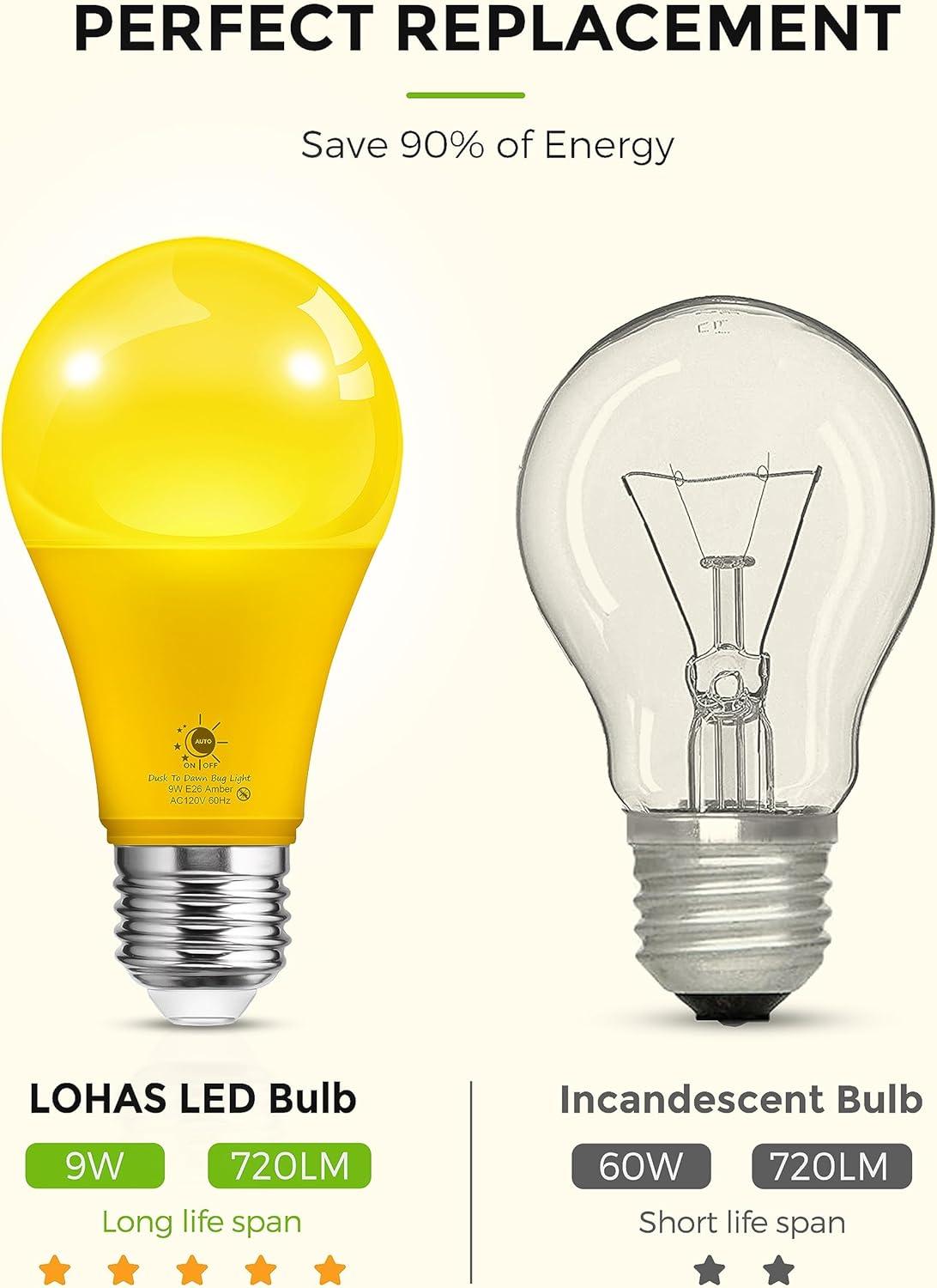 imageLOHAS Yellow Bug Light Bulbs Outdoor A19 Dusk to Dawn LED Bug Light Bulbs 2000K Amber Glow Photocell Sensor LED Auto OnOff Porch Light E26 Base 6 Pack