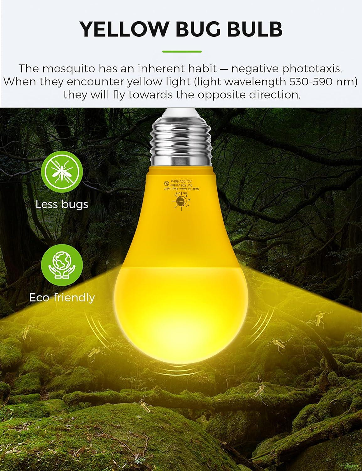 imageLOHAS Yellow Bug Light Bulbs Outdoor A19 Dusk to Dawn LED Bug Light Bulbs 2000K Amber Glow Photocell Sensor LED Auto OnOff Porch Light E26 Base 6 Pack