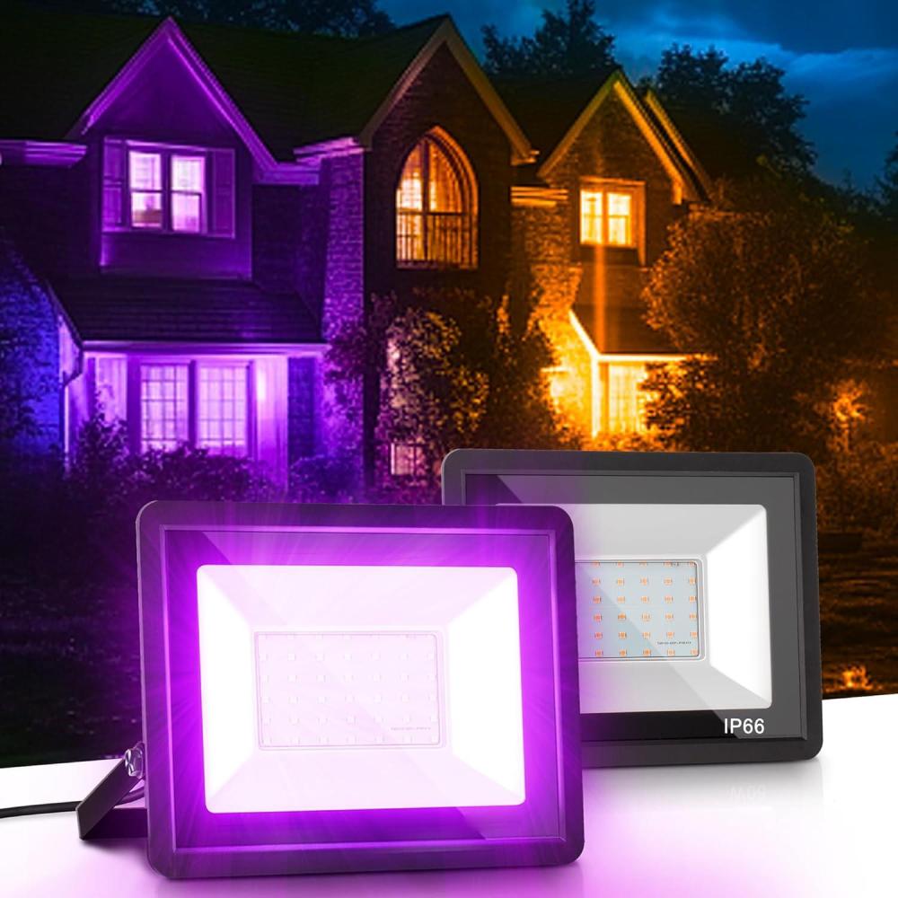 imageL LOHAS LED Purple Halloween Flood Light Outdoor   50W Plug in Flood Light IP66 Waterproof Halloween Decorations 2300lm Outdoor Lights for Yard Garage Party UL Listed 2 PackPurple