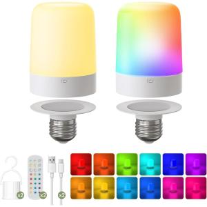 imageL LOHAS LED Rechargeable Light Bulb with Remote ampamp Timer Battery Backup Magnetic Bulbs for Sconces and NonHardwired Fixtures 3 Color Temperatures  12 RGB Colors Dimmable E26 Bulbs 2 Pack