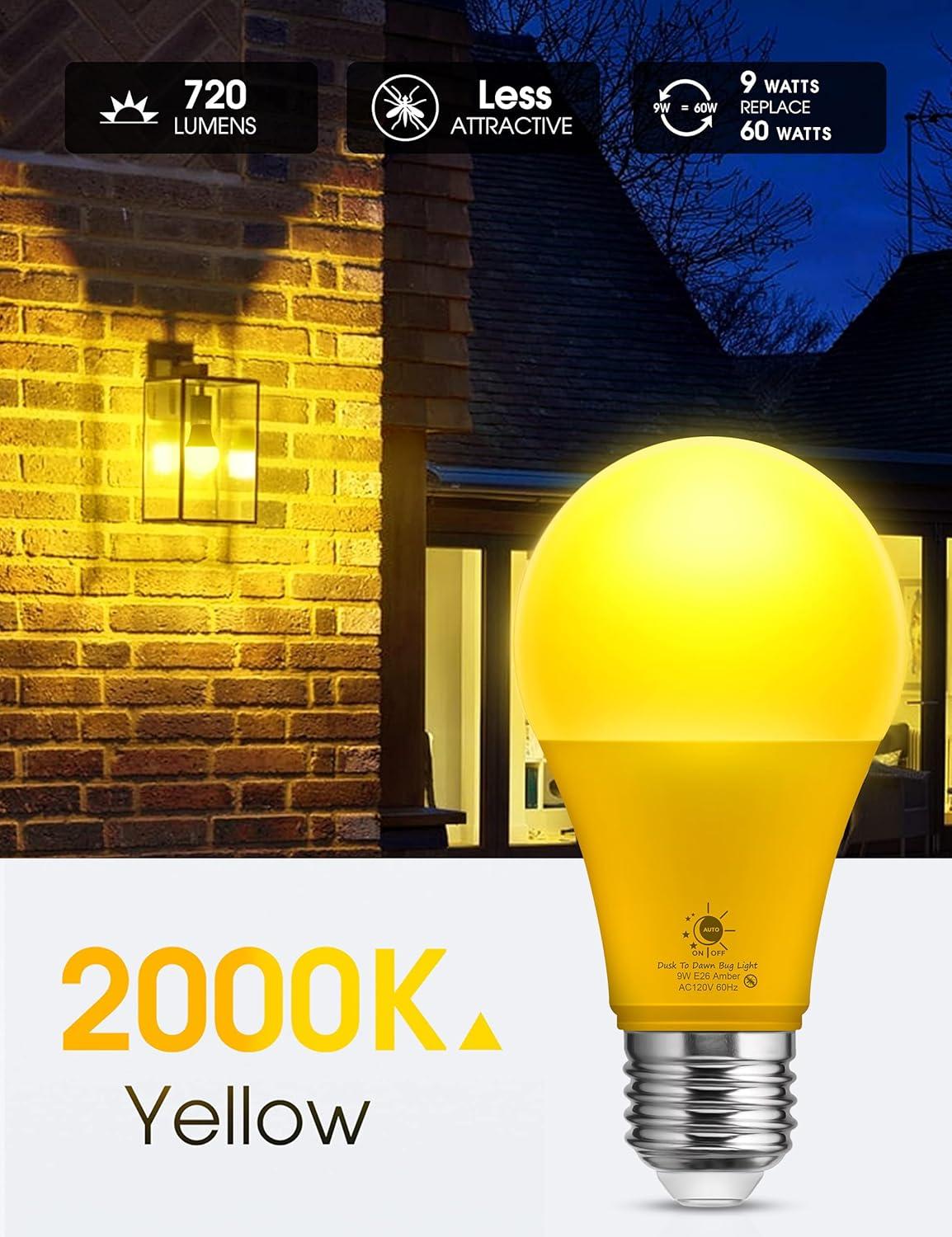 imageLOHAS Bug Light Bulb Outdoor A19 Yellow LED Bug Light Bulbs 9W Bug Lights for Outside 2000K Amber Porch Light Bulb 60W Equi NonAttracting E26 Base for Backyard 2 Pack