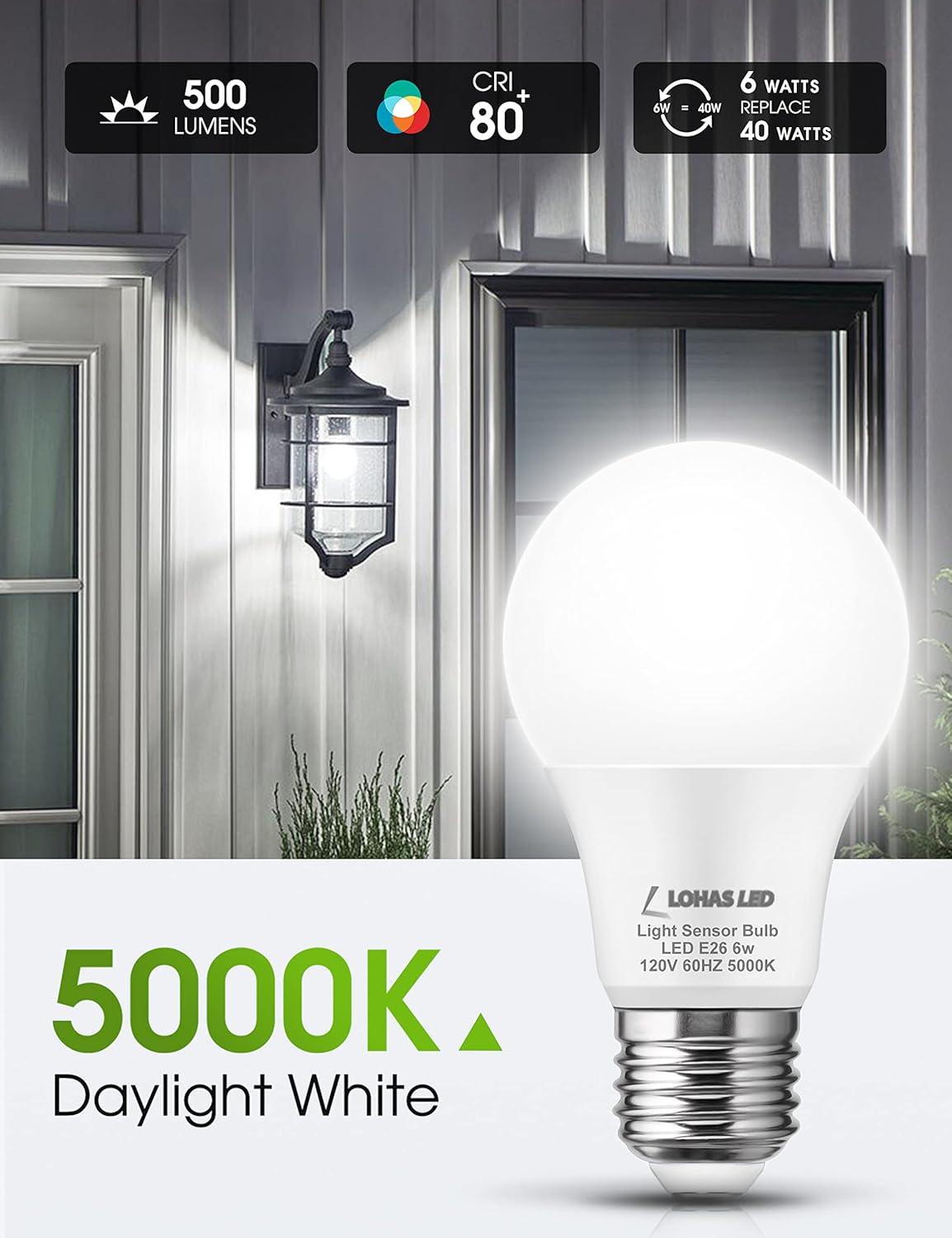 imageLOHAS Dusk to Dawn Sensor Light Bulb 40W Equivalent Smart Sensor LED Bulb 6W Auto OnOff Outdoor Light Bulbs Daylight 5000K A19 LED Bulb E26 Base 500LM Bright Light Bulb for Garage Porch 6 Pack