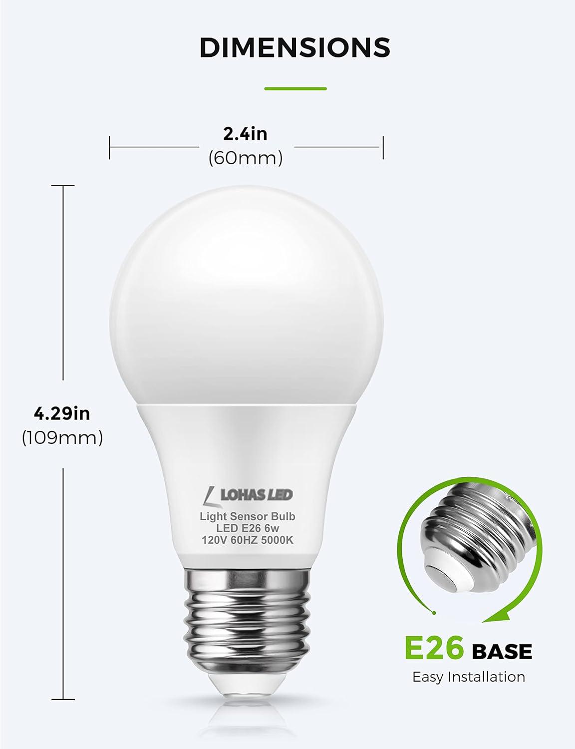 imageLOHAS Dusk to Dawn Sensor Light Bulb 40W Equivalent Smart Sensor LED Bulb 6W Auto OnOff Outdoor Light Bulbs Daylight 5000K A19 LED Bulb E26 Base 500LM Bright Light Bulb for Garage Porch 6 Pack