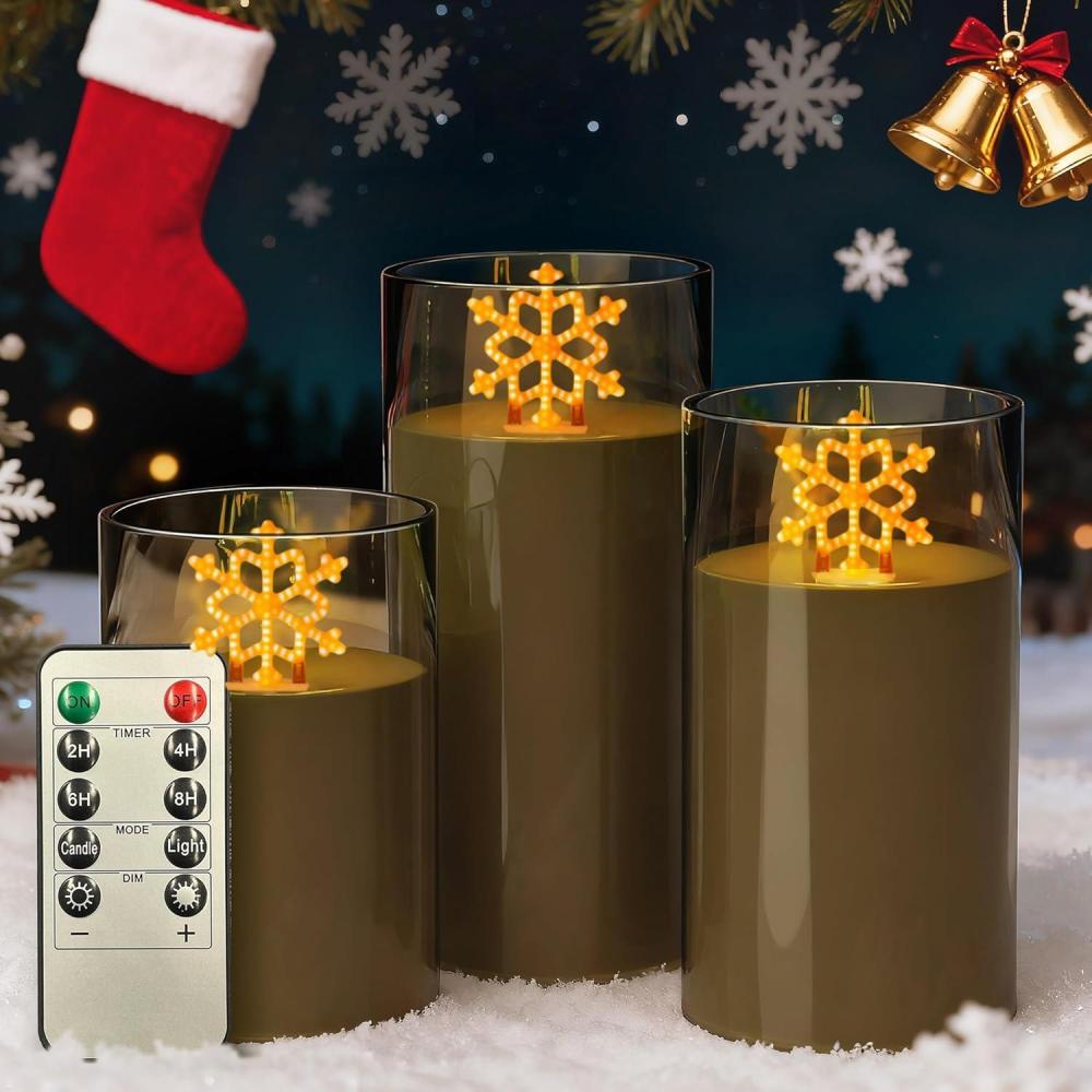 imageL LOHAS LED Christmas Electronic Candle Night Lights with Remote 3Pack Reindeer LED Flameless Candles Battery Operated Flickering Night Light 5 Brightness Levels ampamp Timer for Holiday Home DecorSnowflake