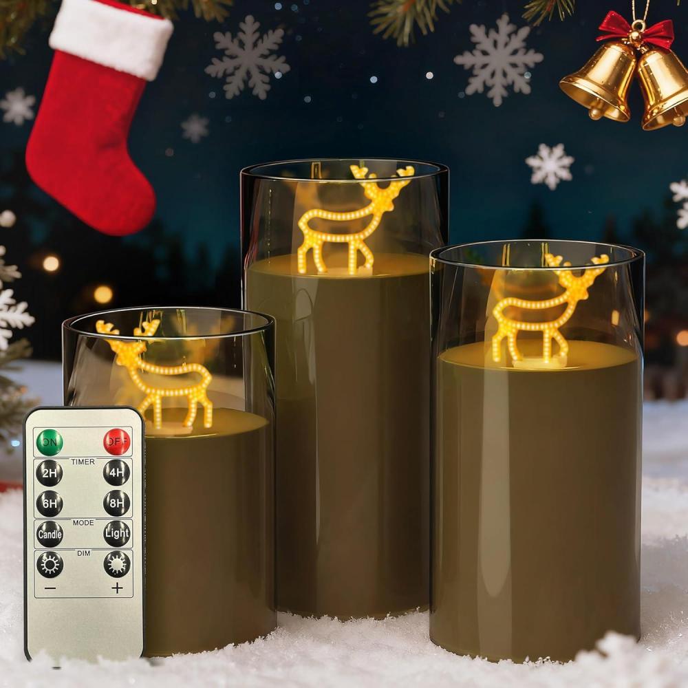 imageL LOHAS LED Christmas Electronic Candle Night Lights with Remote 3Pack Reindeer LED Flameless Candles Battery Operated Flickering Night Light 5 Brightness Levels ampamp Timer for Holiday Home DecorMilu deer