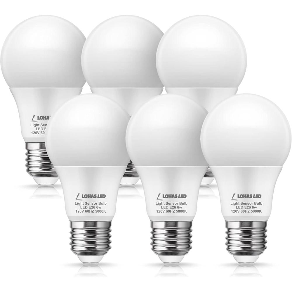 imageLOHAS Dusk to Dawn Sensor Light Bulb 40W Equivalent Smart Sensor LED Bulb 6W Auto OnOff Outdoor Light Bulbs Daylight 5000K A19 LED Bulb E26 Base 500LM Bright Light Bulb for Garage Porch 6 Pack
