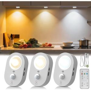 imageL LOHAS LED 3Pack Rechargeable Motion Sensor LED Puck Lights StickOn Wireless Under Cabinet Lighting with Remote Adjustable Brightness Dimmable Under Counter Lights for Drawer Kitchen WhiteWhite