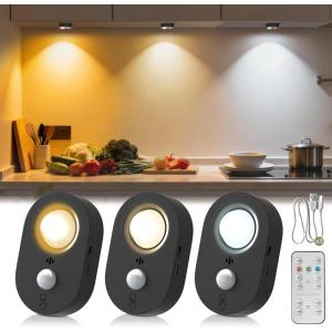 imageL LOHAS LED 3Pack Rechargeable Motion Sensor LED Puck Lights StickOn Wireless Under Cabinet Lighting with Remote Adjustable Brightness Dimmable Under Counter Lights for Drawer Kitchen WhiteBlack