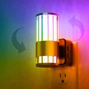 imageL LOHAS LED Night Lights Plug into Wall Changing RGB Night Light with Dusk to Dawn Sensor 180 Rotatable Bubble Nightlight Plug in Wall for Halloween Christmas Holiday Hallway2 PackGold RingStripe RGB