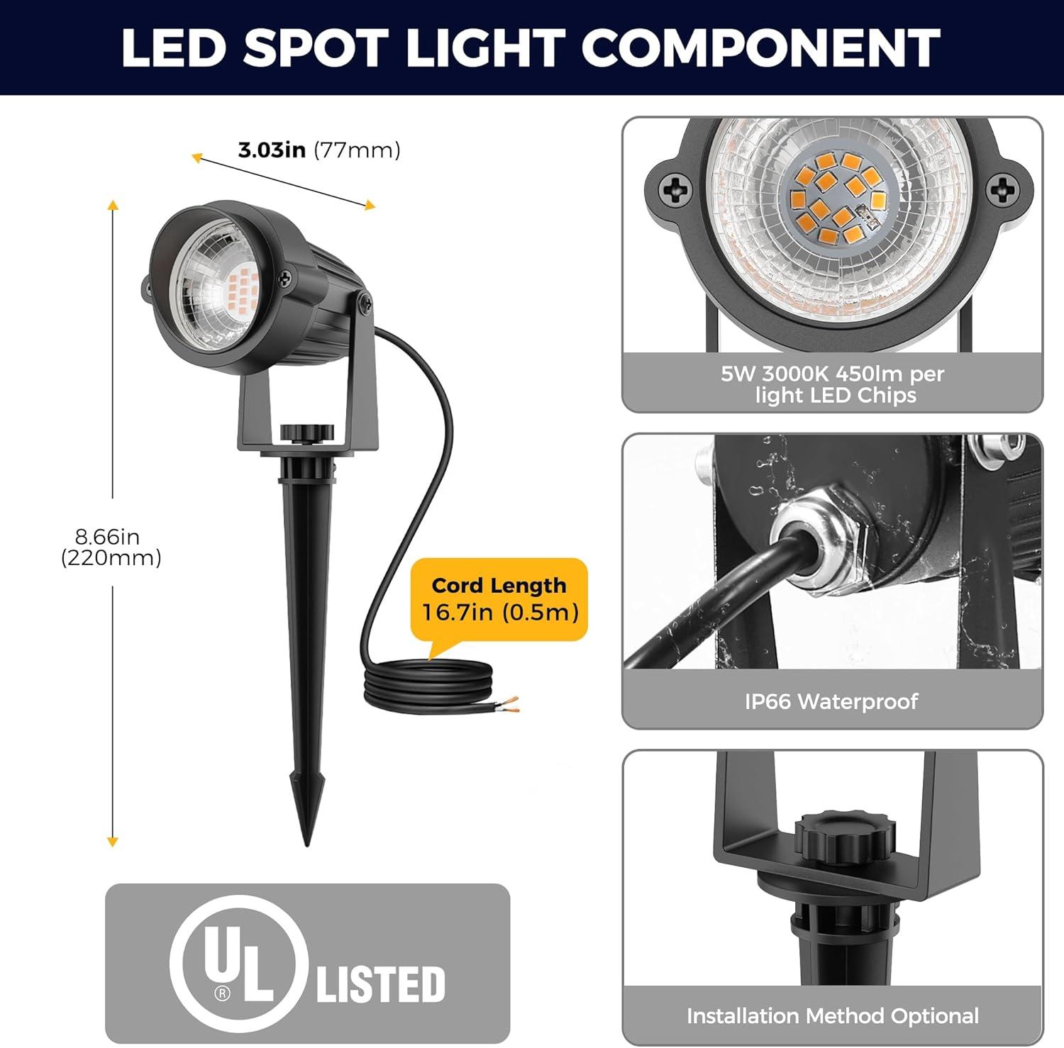 imageL LOHAS LED Low Voltage Landscape Lighting 4 Pack LED Outdoor Spot Lights with Connectors IP66 Waterproof 3000K Warm White Plug in Spotlights for Yard Backyard House