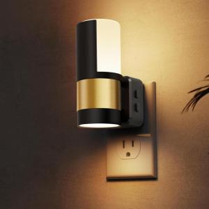 imageL LOHAS LED Night Light Plug in Night Lights Plug into Wall Dusk to Dawn Sensor Adjustable Brightness Soft White Nightlight 3000K 100LM Dimmable Nightlights for Hallway Bedroom Stairway 1 Pack3CCTBlack  Gold Shade