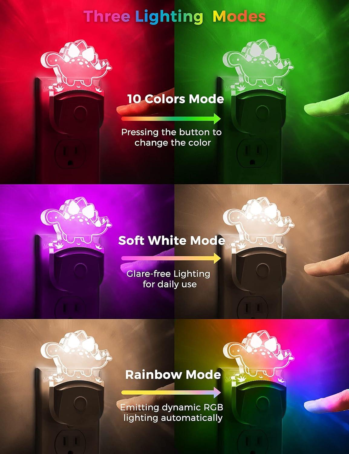 imageL LOHAS LED Dinosaur Night Light with Dusk to Dawn Sensor Dinosaur Nightlight for Boys Stegosaurus LED Night Light Plug in RGB  Soft White 3 Modes for Nursery Kids Gifts Bedroom2 PackStegosaurus
