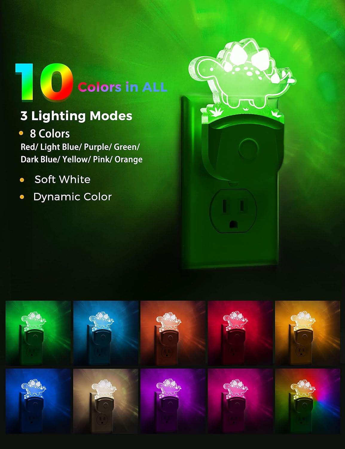 imageL LOHAS LED Dinosaur Night Light with Dusk to Dawn Sensor Dinosaur Nightlight for Boys Stegosaurus LED Night Light Plug in RGB  Soft White 3 Modes for Nursery Kids Gifts Bedroom2 PackStegosaurus